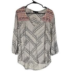 Sanctuary White Multicolor V-Neck Long Sleeve Boho Blouse Women Sz L